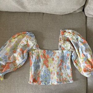 Billabong Floral Smocked Puff Sleeve Crop Top - Blue, Coral, Yellow, Green